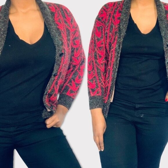 VINTAGE NEW WANG KANG CO FUSHIA PINK BLACK BUTTON UP OVERSIZED CARDIGAN - Picture 2 of 15